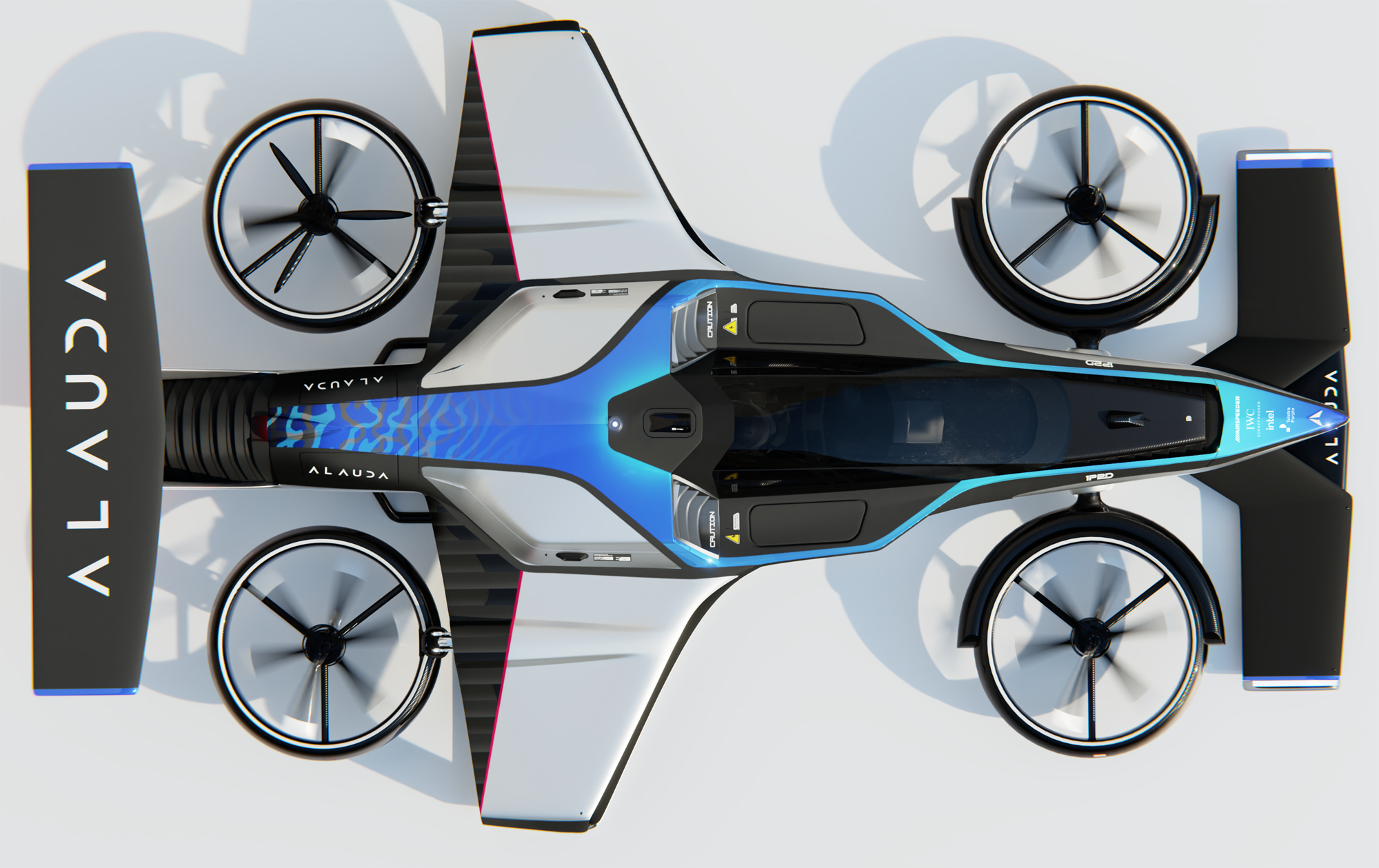 Mk4 hydrogen-electric VTOL racing aircraft, top view Mk4 hydrogen-electric VTOL racing aircraft, top view
